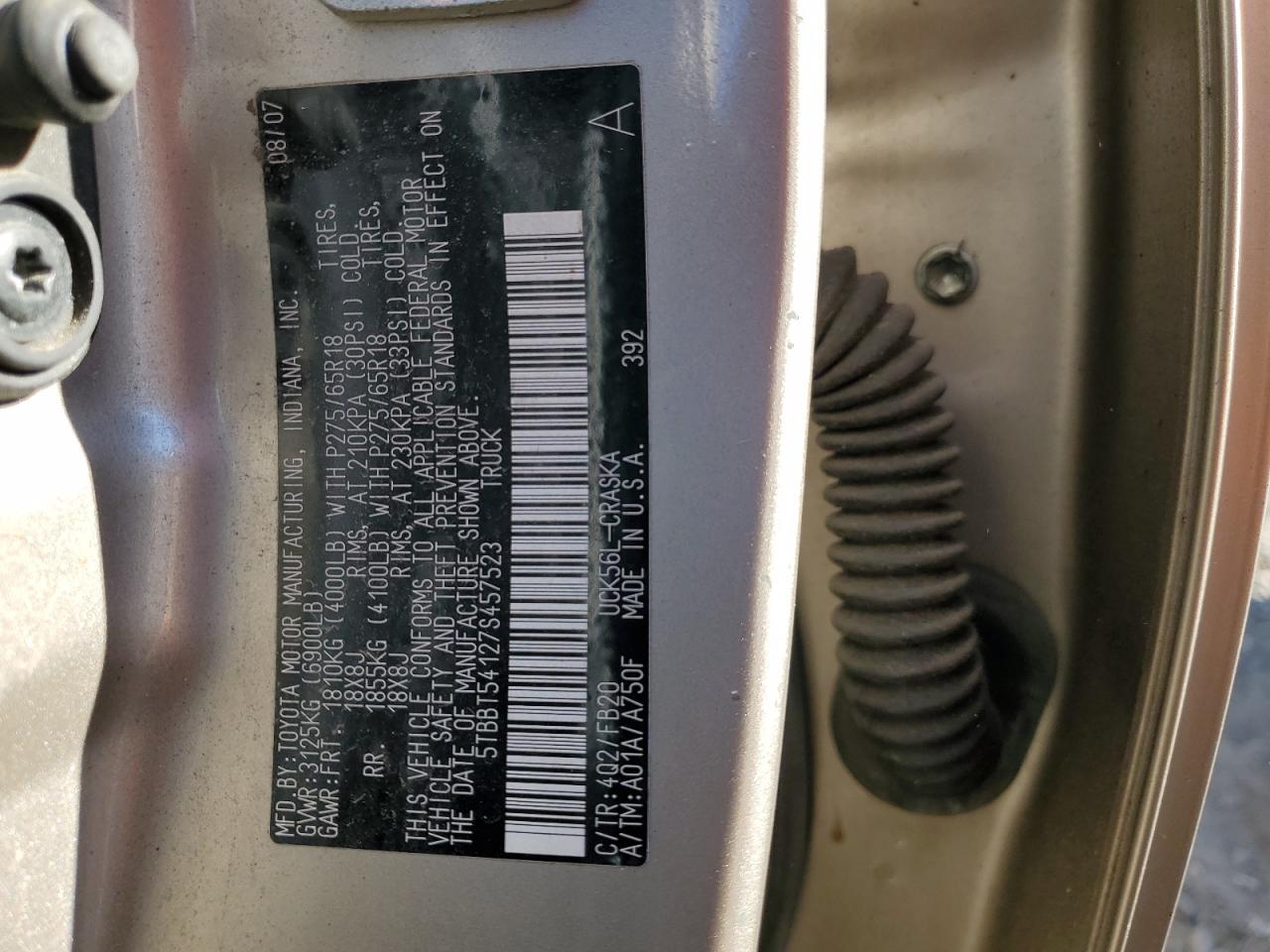 2007 Toyota Tundra VIN 5TBBT54127S457523 Copart auction photo, front end damage thumbnail 12