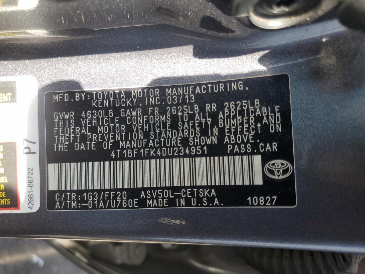 2013 Toyota Camry VIN 4T1BF1FK4DU234951 Copart auction photo, side damage thumbnail 12