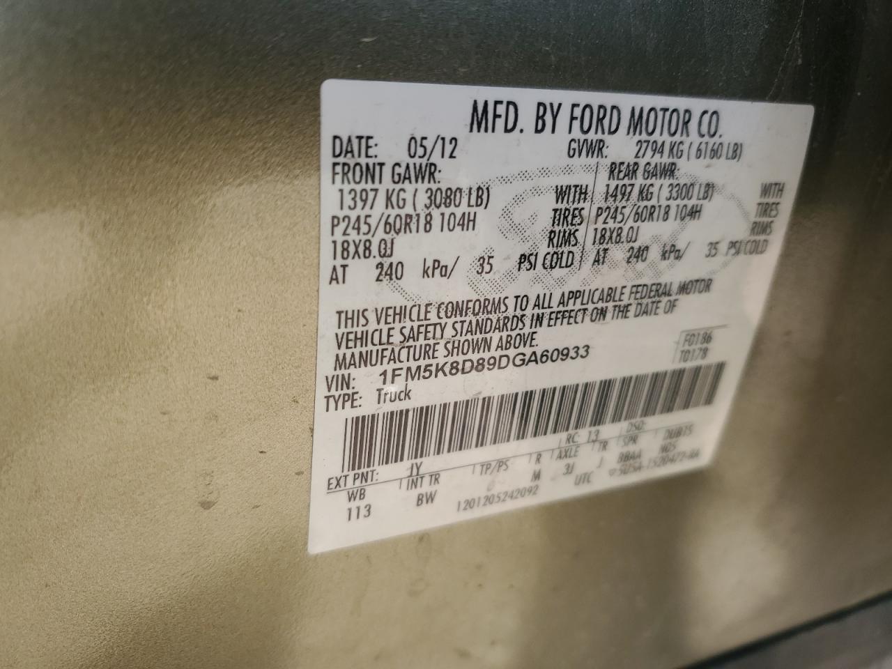 2013 Ford Explorer VIN 1FM5K8D89DGA60933 Copart auction photo, all over damage thumbnail 16
