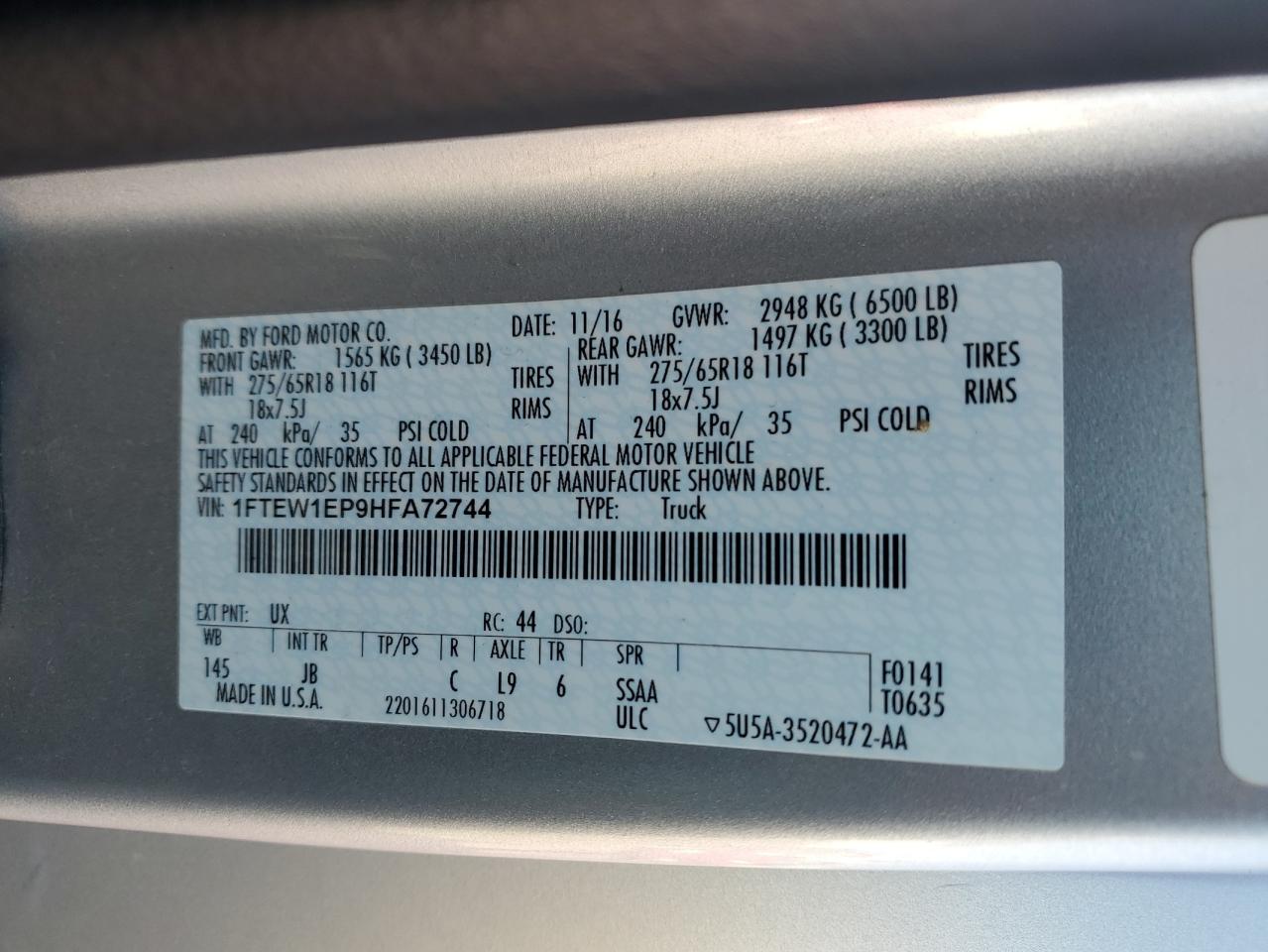 2017 Ford F-150 VIN 1FTEW1EP9HFA72744 Copart auction photo, side / mechanical damage thumbnail 14
