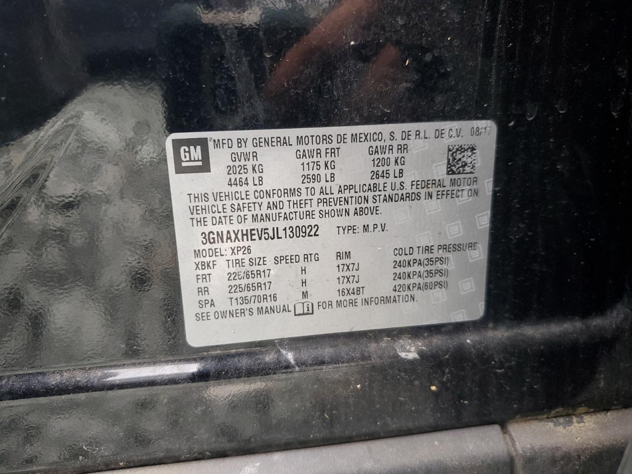 2018 Chevrolet Equinox VIN 3GNAXHEV5JL130922 Copart auction photo, front end damage thumbnail 13