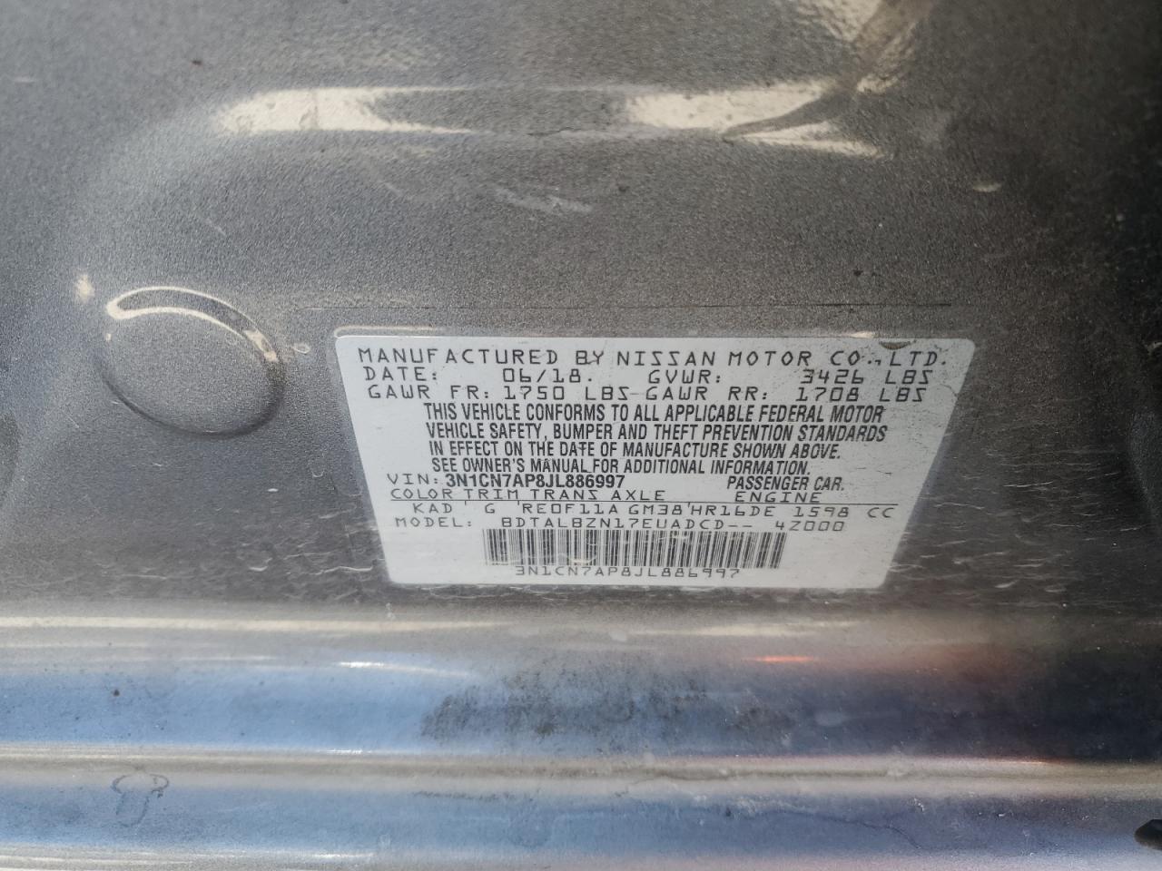 2018 Nissan Versa VIN 3N1CN7AP8JL886997 Copart auction photo, front end / rear end damage thumbnail 13