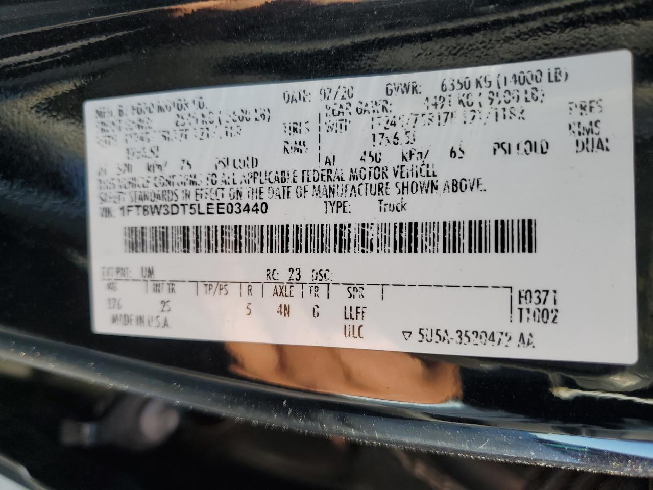 2020 Ford F350 VIN 1FT8W3DT5LEE03440 Copart auction photo, side damage thumbnail 12