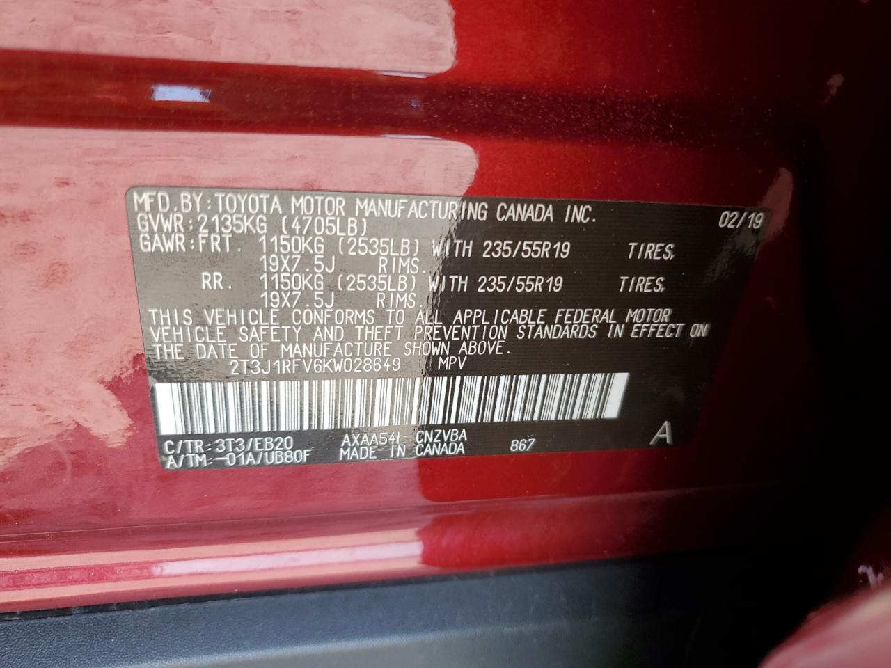 2019 Toyota RAV 4 VIN 2T3J1RFV6KW028649 Copart auction photo, front end damage thumbnail 13