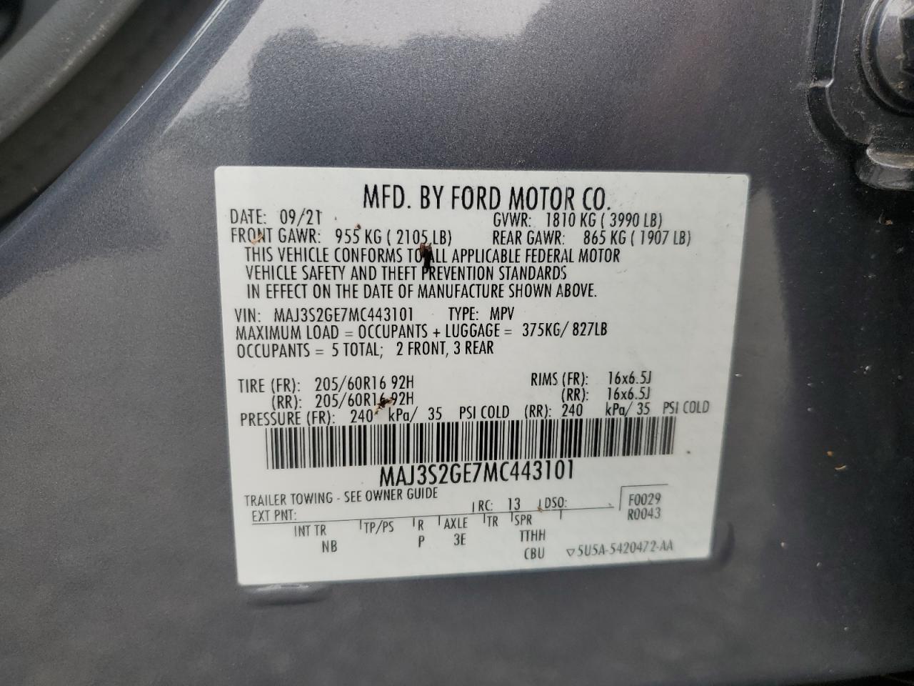 2021 Ford EcoSport VIN MAJ3S2GE7MC443101 Copart auction photo, water/flood damage thumbnail 14
