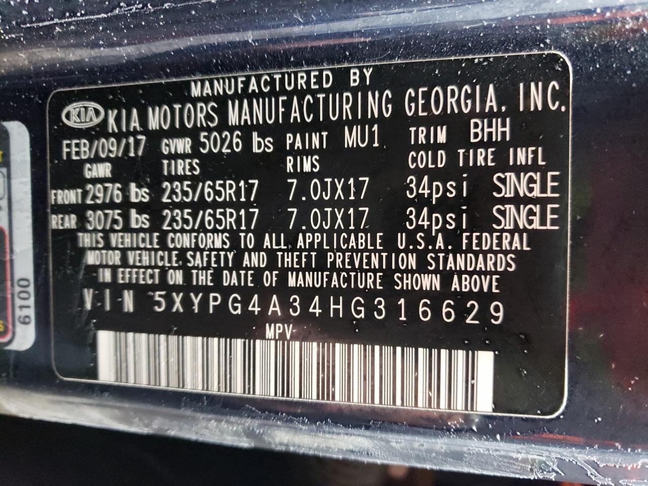 2017 KIA Sorento VIN 5XYPG4A34HG316629 Copart auction photo, hail damage thumbnail 14
