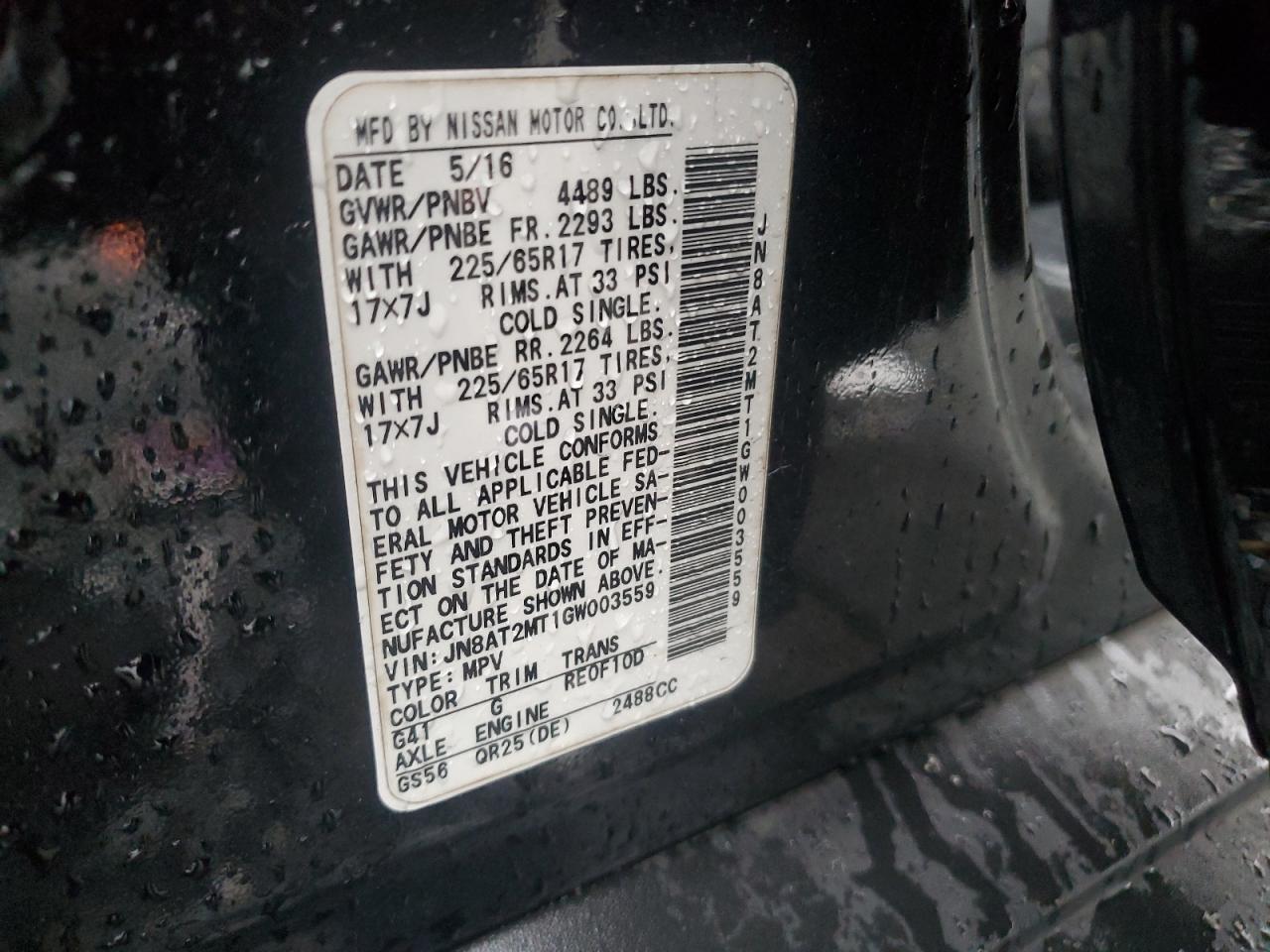 2016 Nissan Rogue VIN JN8AT2MT1GW003559 Copart auction photo, side / front end damage thumbnail 15