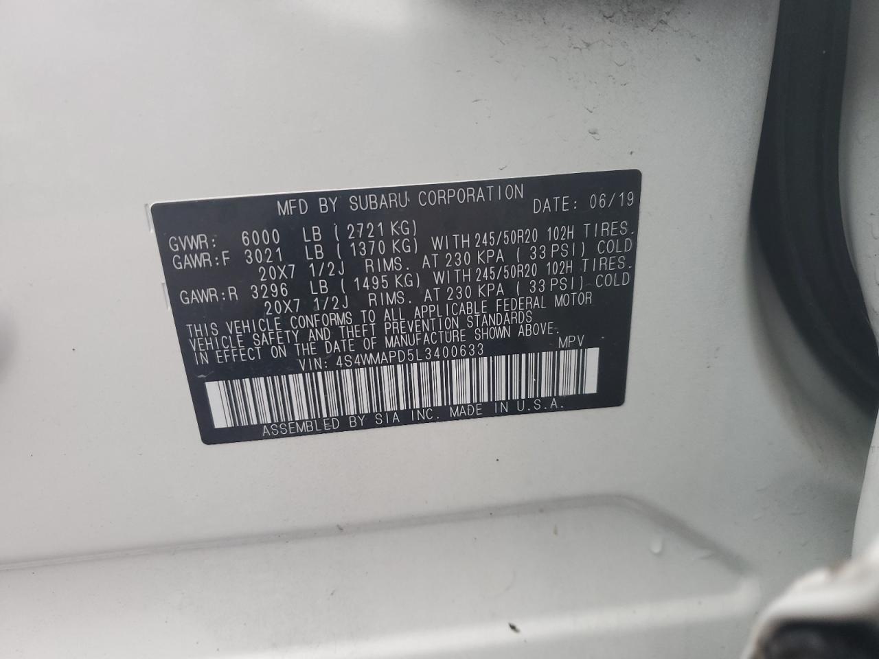 2020 Subaru Ascent VIN 4S4WMAPD5L3400633 Copart auction photo, side damage thumbnail 13