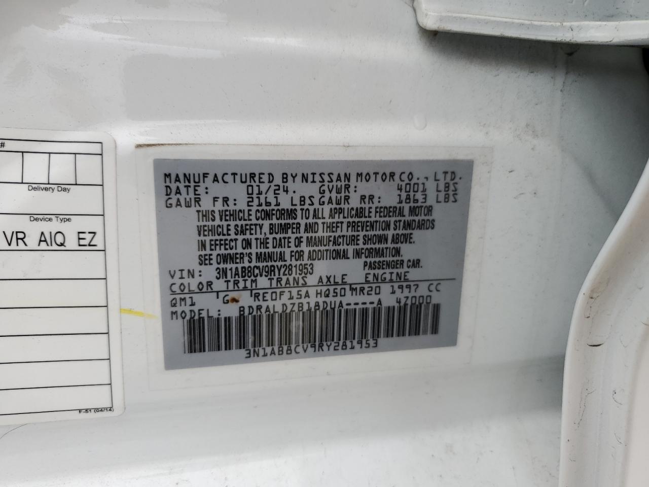 2024 Nissan Sentra VIN 3N1AB8CV9RY281953 Copart auction photo, front end / minor dent/scratches damage thumbnail 13