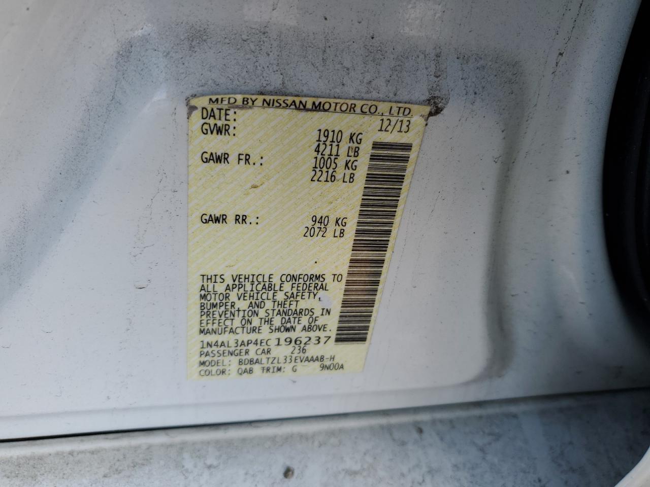 2014 Nissan Altima VIN 1N4AL3AP4EC196237 Copart auction photo, front end damage thumbnail 12