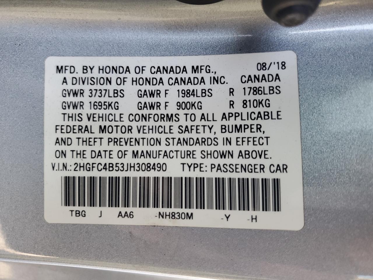 2018 Honda Civic VIN 2HGFC4B53JH308490 Copart auction photo, front end damage thumbnail 14