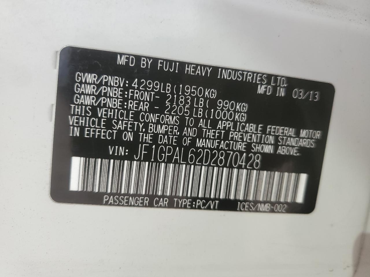 2013 Subaru Impreza VIN JF1GPAL62D2870428 Copart auction photo, front end / side damage thumbnail 13