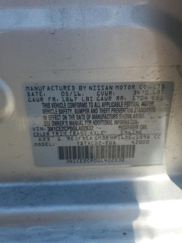2016 Nissan Versa VIN 3N1CE2CP0GL402832 Copart auction photo, front end damage thumbnail 14