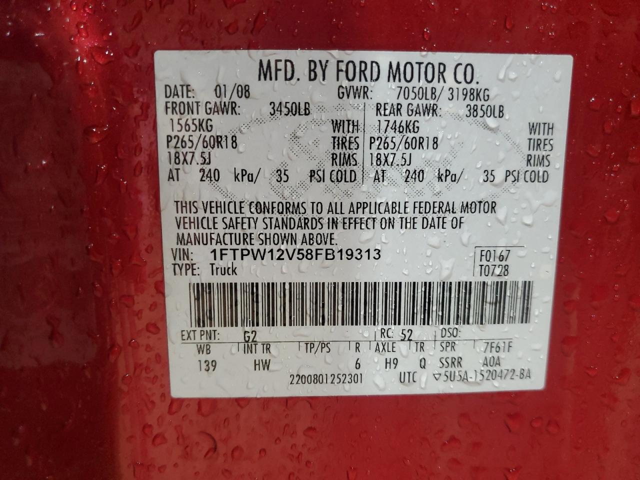 2008 Ford F-150 VIN 1FTPW12V58FB19313 Copart auction photo, front end / mechanical damage thumbnail 14