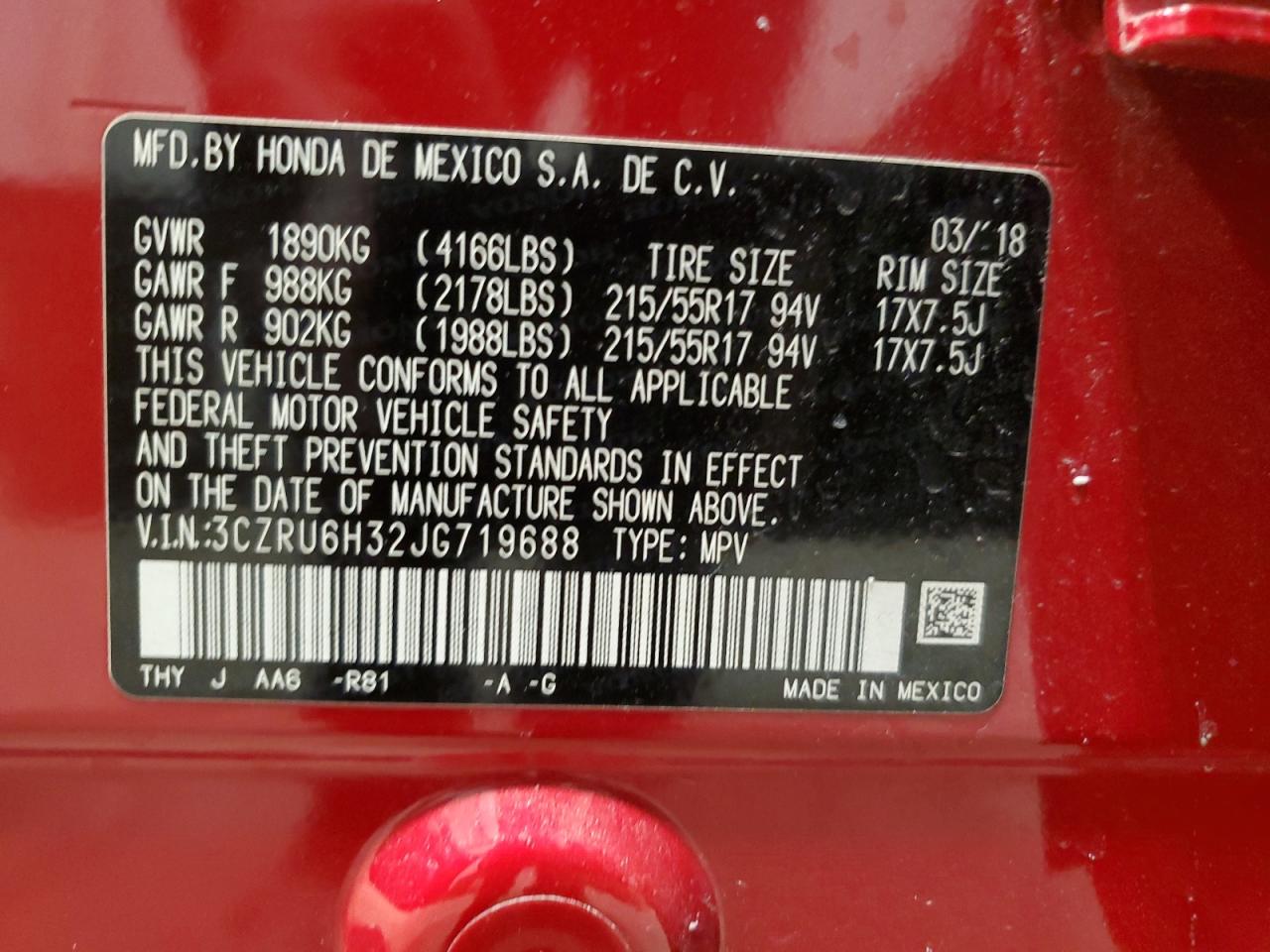 2018 Honda HR-V VIN 3CZRU6H32JG719688 Copart auction photo, side / rear end damage thumbnail 14