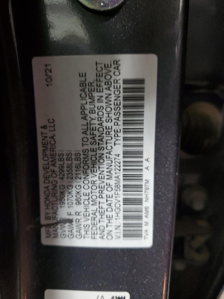 2021 Honda Accord VIN 1HGCV1F58MA122274 Copart auction photo, front end damage thumbnail 14
