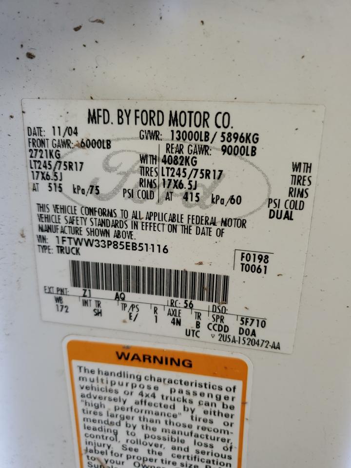 2005 Ford F350 VIN 1FTWW33P85EB51116 Copart auction photo, biohazard/chemical damage thumbnail 13