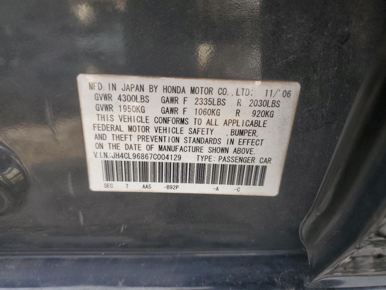 2007 Acura TSX VIN JH4CL96867C004129 Copart auction photo, rear end damage thumbnail 12