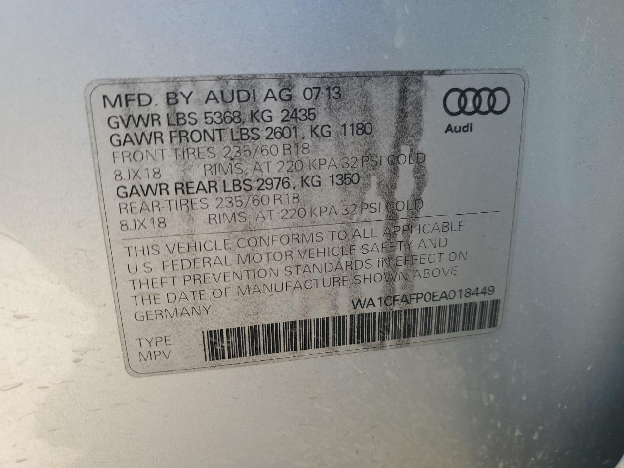 2014 Audi Q5 VIN WA1CFAFP0EA018449 Copart auction photo, front end damage thumbnail 13