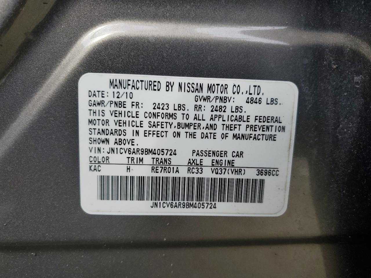 2011 Infiniti G VIN JN1CV6AR9BM405724 Copart auction photo, front end / side damage thumbnail 12