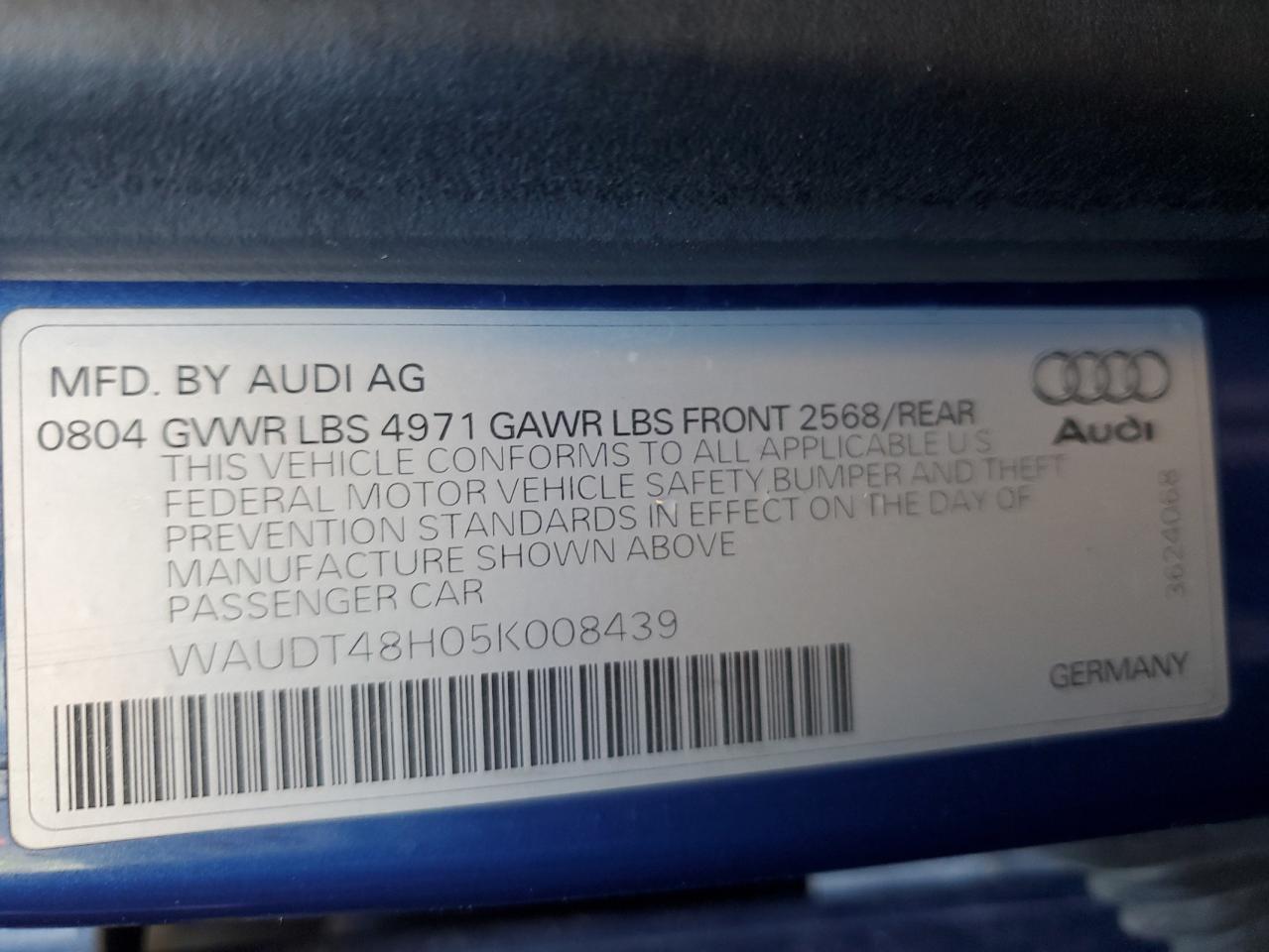 2005 Audi A4 VIN WAUDT48H05K008439 Copart auction photo, all over damage thumbnail 12