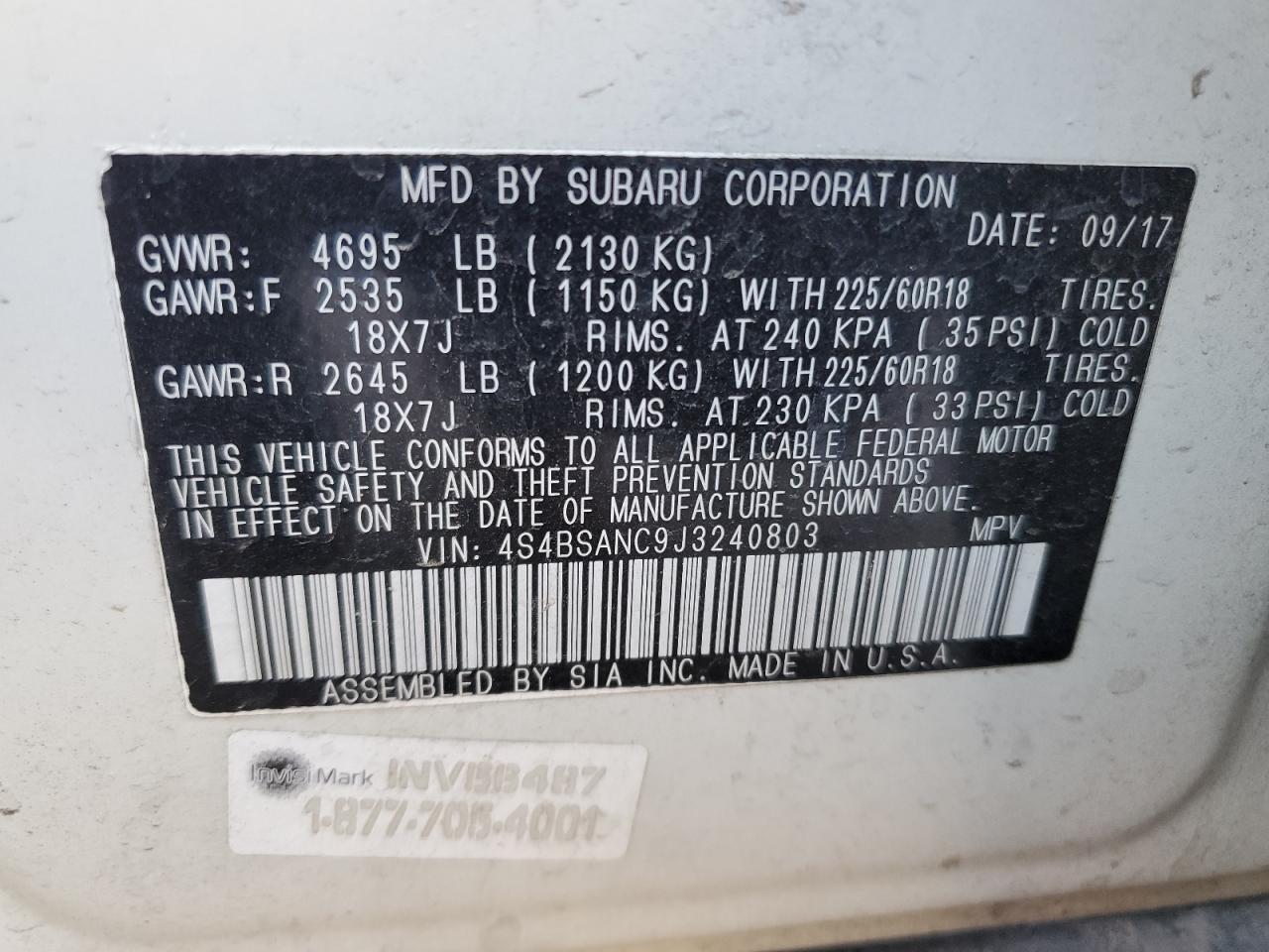 2018 Subaru Outback VIN 4S4BSANC9J3240803 Copart auction photo, front end damage thumbnail 13