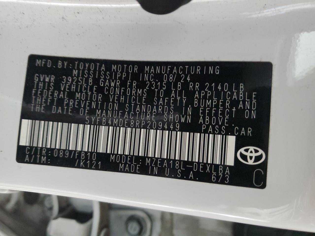 2024 Toyota Corolla VIN 5YFB4MDE8RP209449 Copart auction photo, front end / undercarriage damage thumbnail 15
