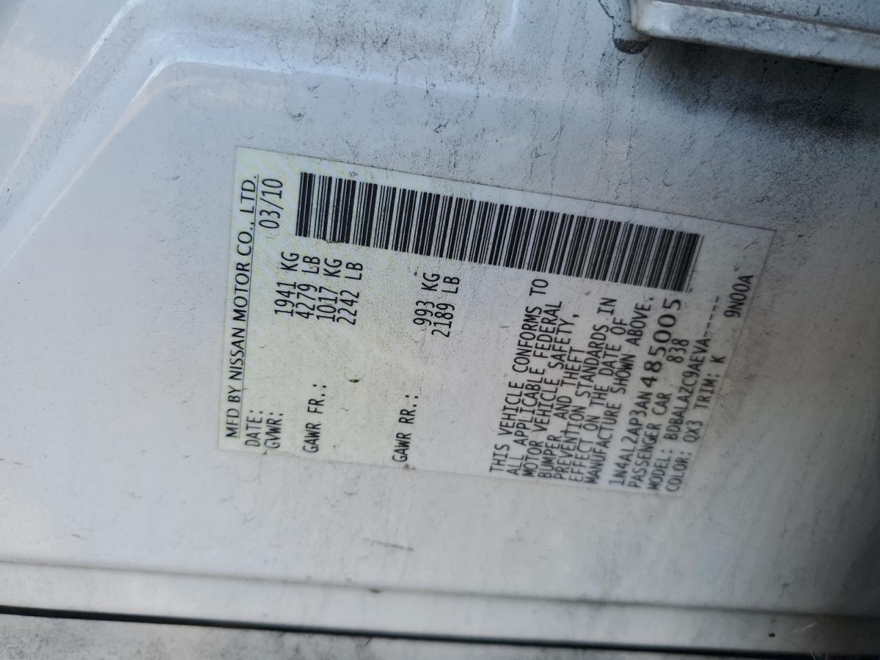 2010 Nissan Altima VIN 1N4AL2AP3AN485005 Copart auction photo, front end damage thumbnail 13
