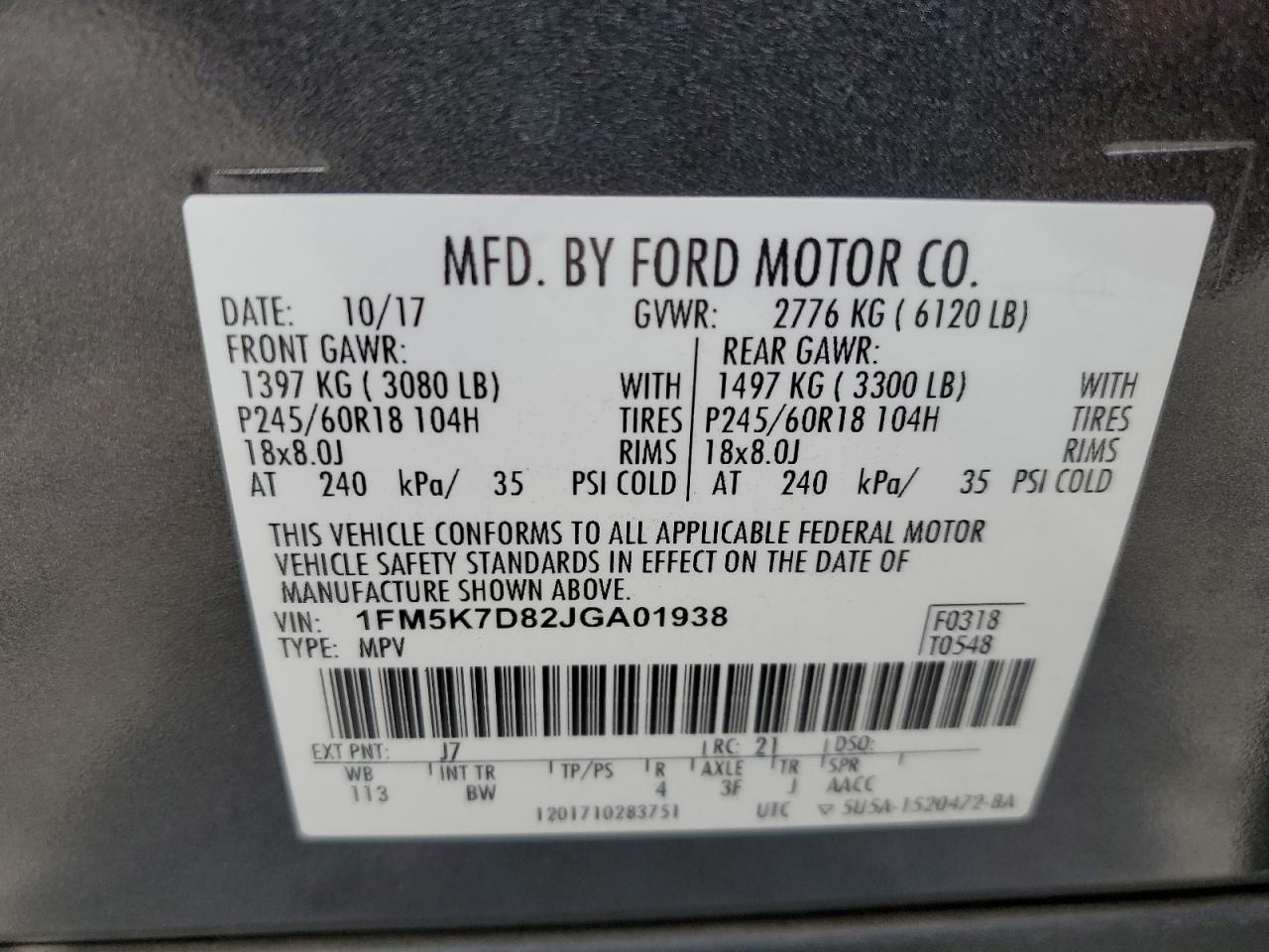 2018 Ford Explorer VIN 1FM5K7D82JGA01938 Copart auction photo, rear end damage thumbnail 13