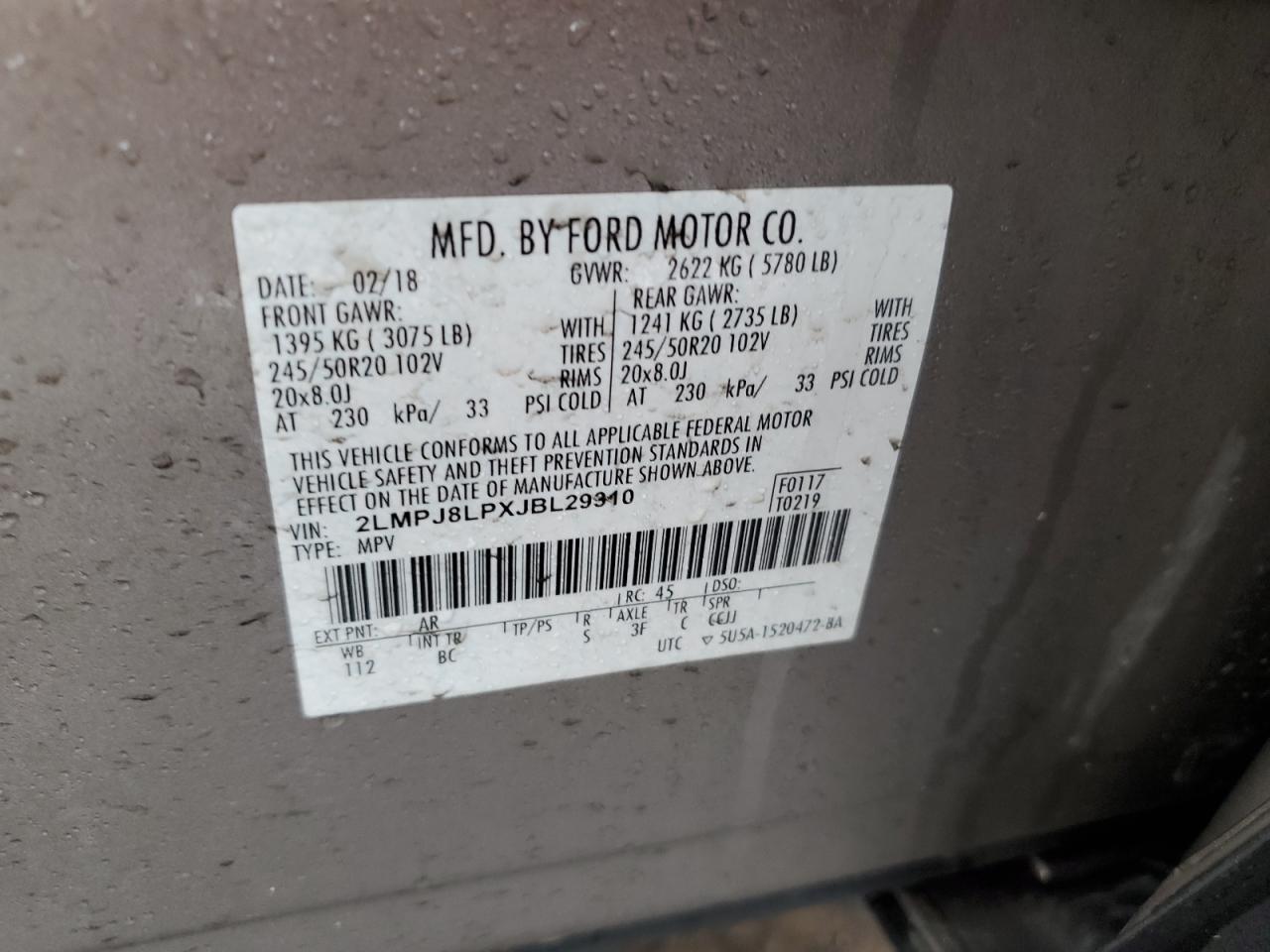 2018 Lincoln MKX VIN 2LMPJ8LPXJBL29310 Copart auction photo, front end damage thumbnail 13