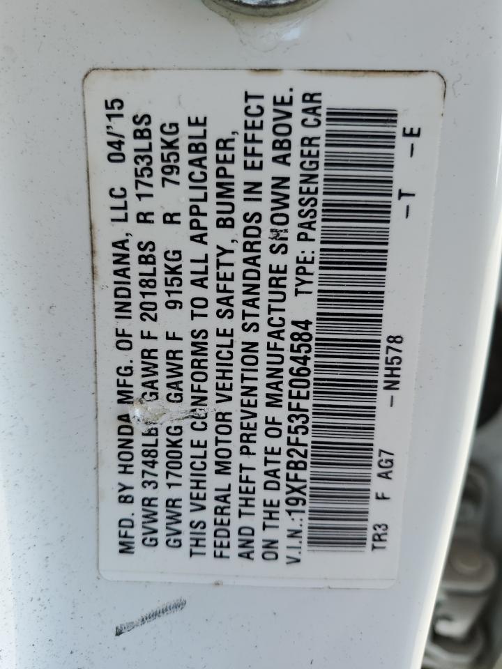 2015 Honda Civic VIN 19XFB2F53FE064584 Copart auction photo, frame damage damage thumbnail 15