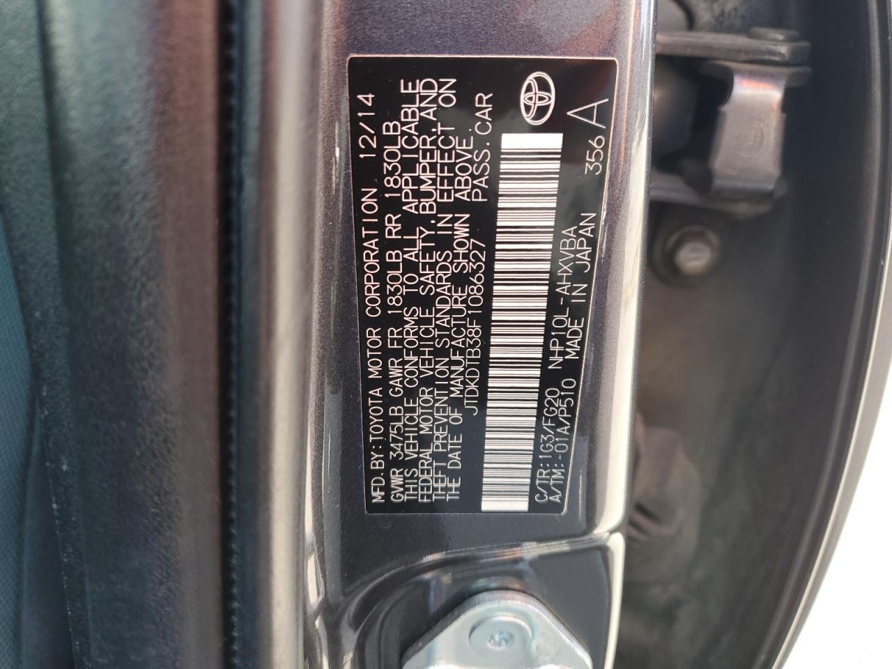 2015 Toyota Prius VIN JTDKDTB38F1086327 Copart auction photo, front end / rear end damage thumbnail 12