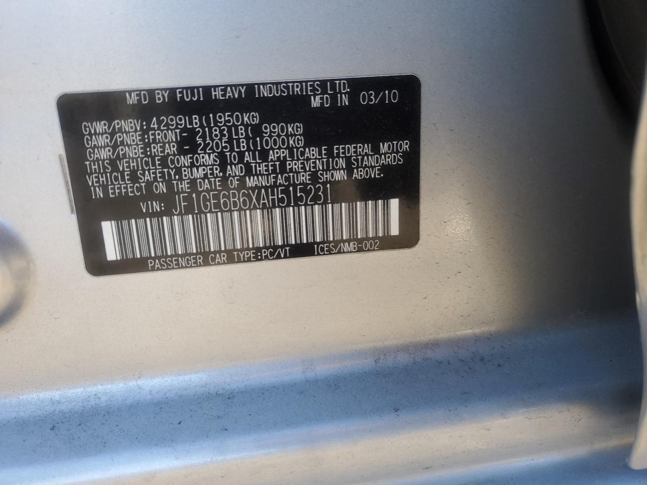 2010 Subaru Impreza VIN JF1GE6B6XAH515231 Copart auction photo, side damage thumbnail 12