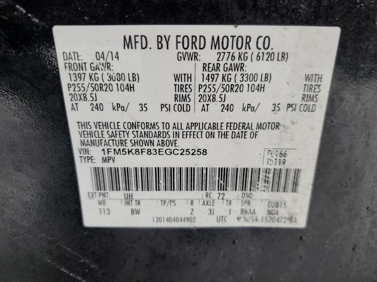 2014 Ford Explorer VIN 1FM5K8F83EGC25258 Copart auction photo, side / front end damage thumbnail 13