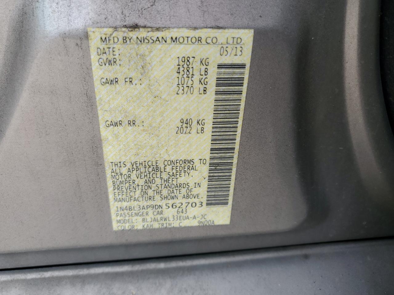 2013 Nissan Altima VIN 1N4BL3AP9DN562703 Copart auction photo, front end damage thumbnail 12