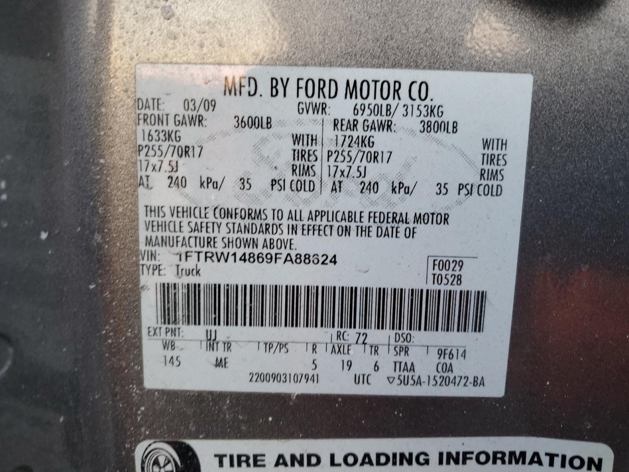 2009 Ford F-150 VIN 1FTRW14869FA88624 Copart auction photo, front end / rear end damage thumbnail 12