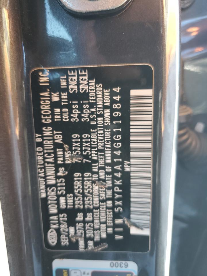 2016 KIA Sorento VIN 5XYPK4A14GG119844 Copart auction photo, front end / top/roof damage thumbnail 13