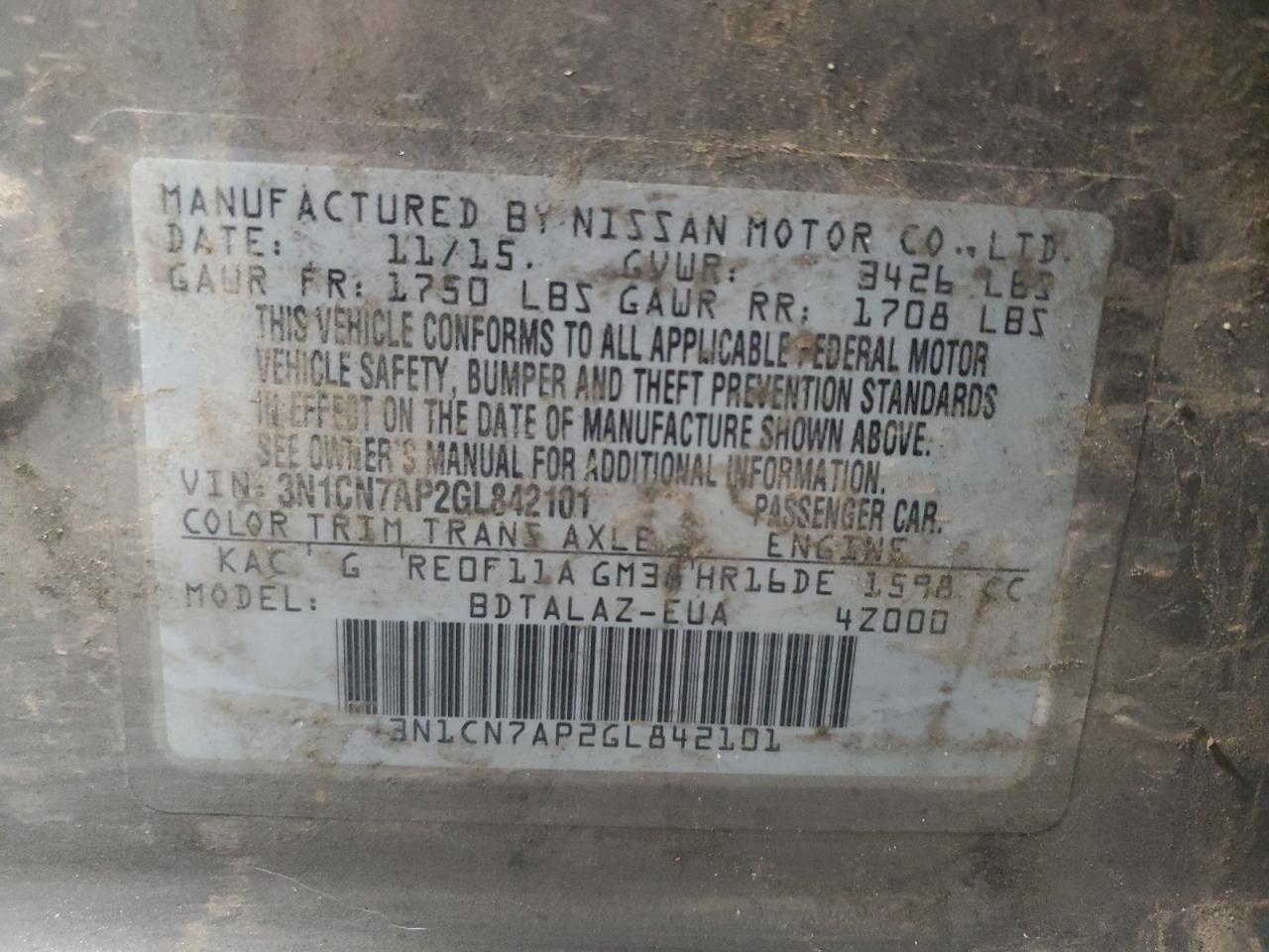 2016 Nissan Versa VIN 3N1CN7AP2GL842101 Copart auction photo, front end damage thumbnail 12