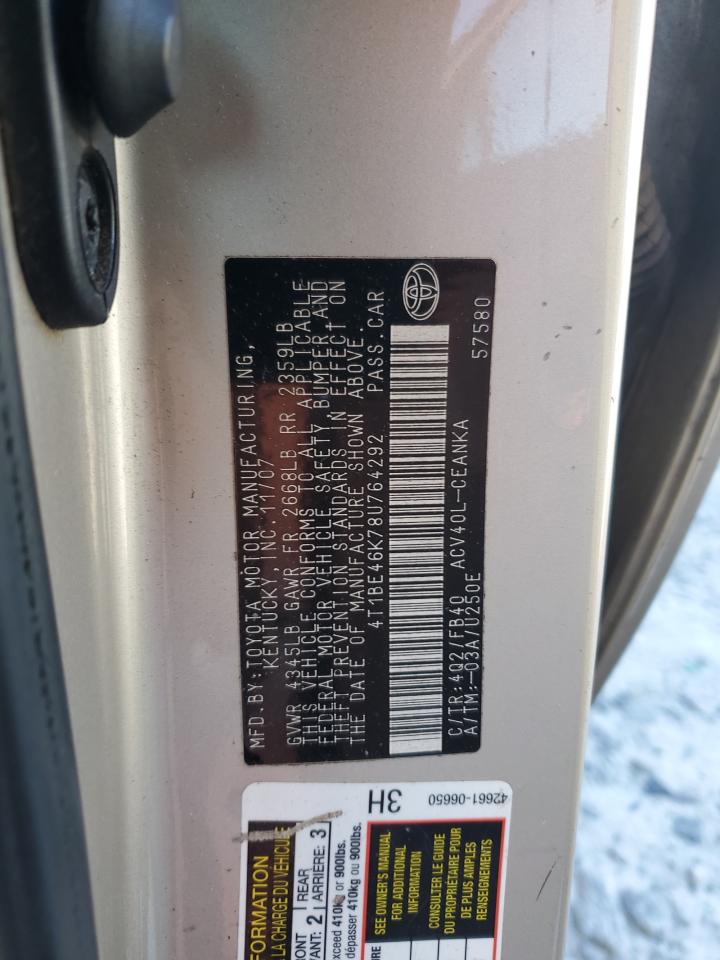 2008 Toyota Camry VIN 4T1BE46K78U764292 Copart auction photo, front end / rear end damage thumbnail 12