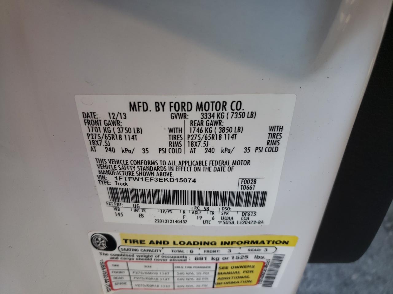 2014 Ford F-150 VIN 1FTFW1EF3EKD15074 Copart auction photo, side / mechanical damage thumbnail 14