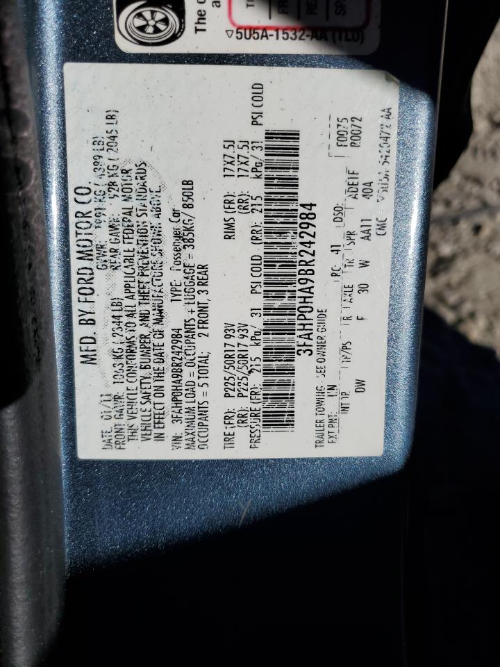 2011 Ford Fusion VIN 3FAHP0HA9BR242984 Copart auction photo, side / front end damage thumbnail 12