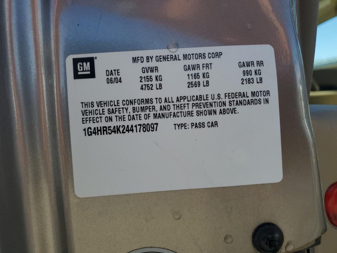 2004 Buick LeSabre VIN 1G4HR54K244178097 Copart auction photo, rear end damage thumbnail 12