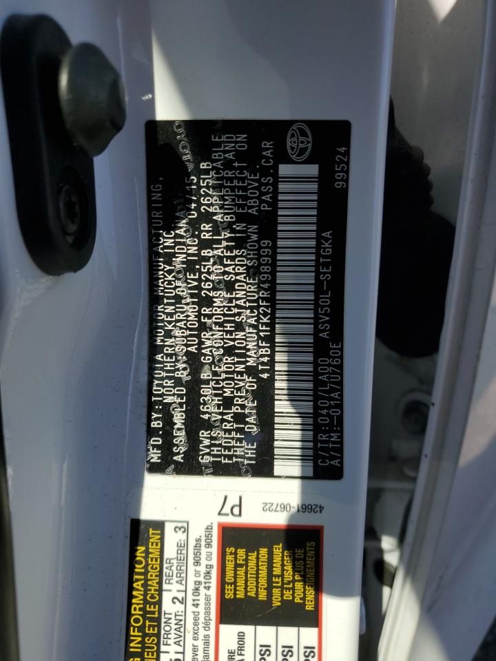 2015 Toyota Camry VIN 4T4BF1FK2FR498999 Copart auction photo, side / rear end damage thumbnail 14