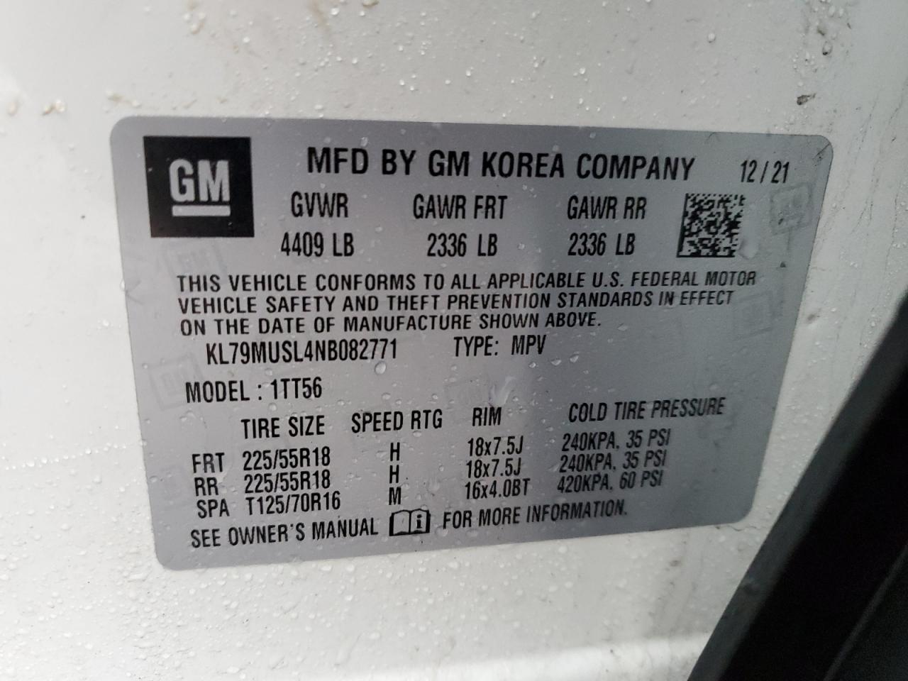 2022 Chevrolet TrailBlazer VIN KL79MUSL4NB082771 Copart auction photo, front end damage thumbnail 13