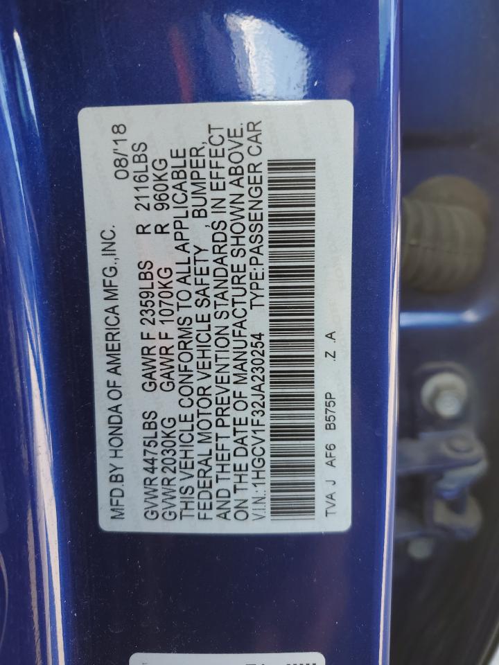 2018 Honda Accord VIN 1HGCV1F32JA230254 Copart auction photo, front end / side damage thumbnail 14