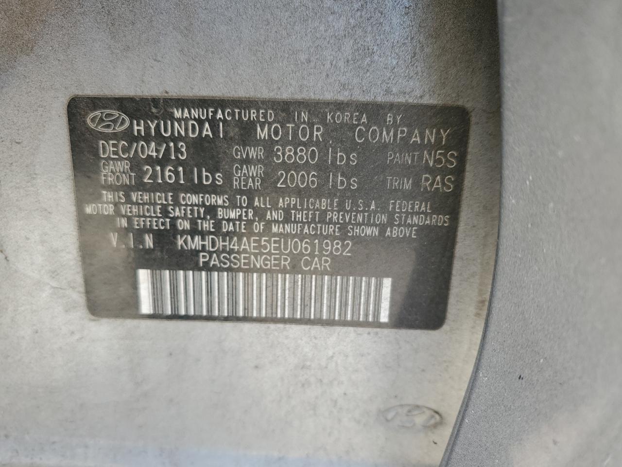 2014 Hyundai Elantra VIN KMHDH4AE5EU061982 Copart auction photo, rear end damage thumbnail 13
