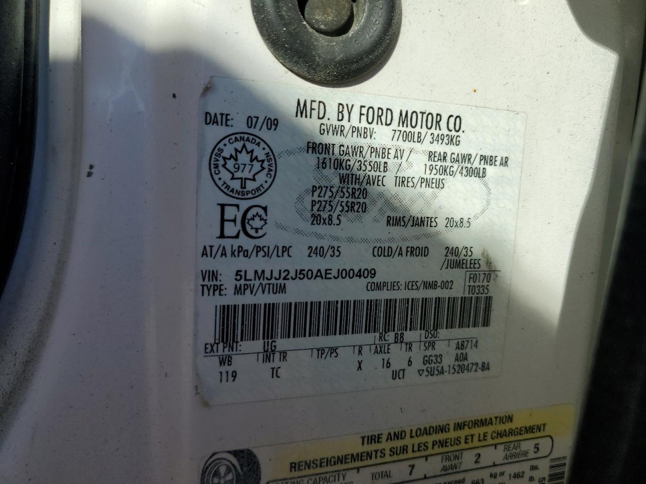2010 Lincoln Navigator VIN 5LMJJ2J50AEJ00409 Copart auction photo, rear end damage thumbnail 13
