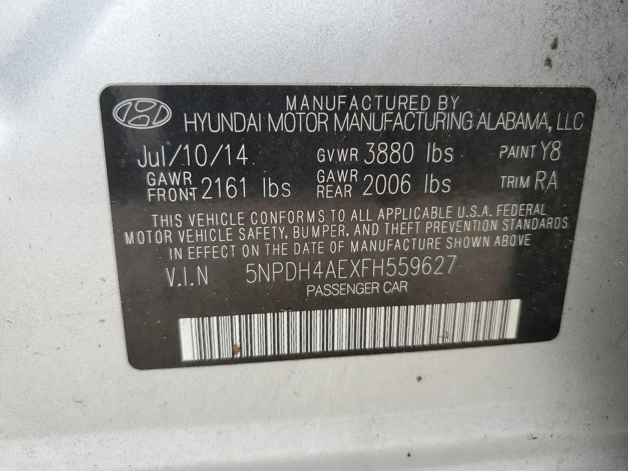 2015 Hyundai Elantra VIN 5NPDH4AEXFH559627 Copart auction photo, water/flood damage thumbnail 12