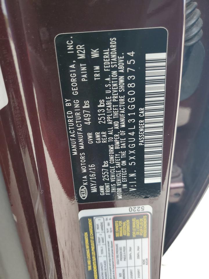 2016 KIA Optima VIN 5XXGU4L31GG083754 Copart auction photo, side damage thumbnail 12