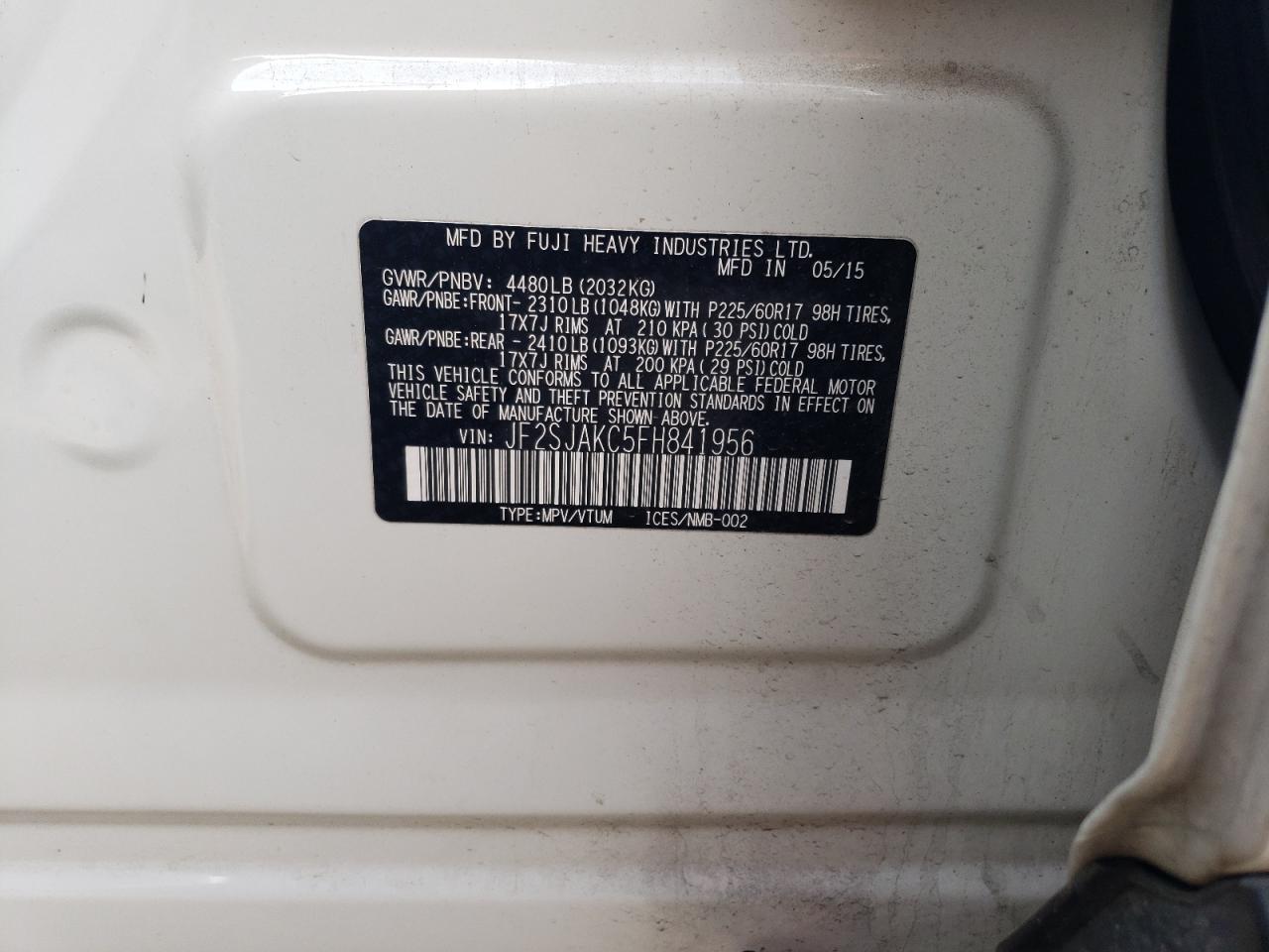 2015 Subaru Forester VIN JF2SJAKC5FH841956 Copart auction photo, rear end damage thumbnail 12